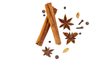 spice isolate. a set of spices for mulled wine. anise, cinnamon and cloves on a white table. spices for making a winter drink on a white background - Powered by Adobe