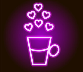 Neon tea cup with hearts. Valentines day icon. Vector illustration
