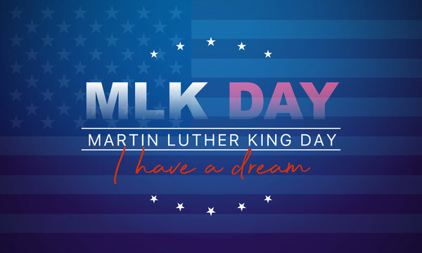 Martin Luther King Jr Day greeting card - I have a dream inspirational quote - horizontal blue background banner with US flag