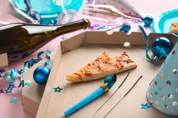 Composition of after party mess on color background. Christmas celebration