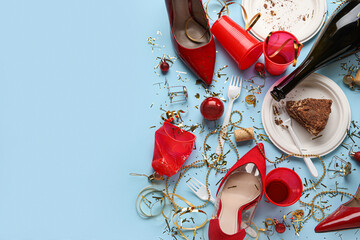 Composition of after party mess on color background. Christmas celebration