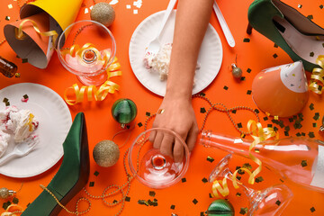 Composition of after party mess on color background. Christmas celebration