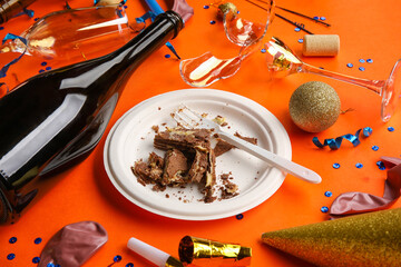 Composition of after party mess on color background. Christmas celebration