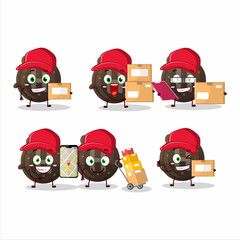 Cartoon character design of chocolate gummy candy H working as a courier