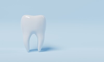 Tooth on blue background with copy space. Dental and Health care concept. 3D illustration rendering