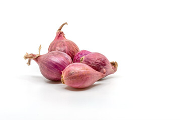 Close up a small group of organic shallot on white background, front view image shallots, or red onions