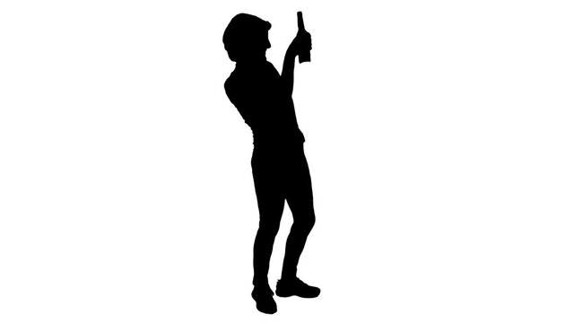 Young woman drinking beer and dancing, smalltalk on party, Black and White Silhouette for Motion Graphics Effects