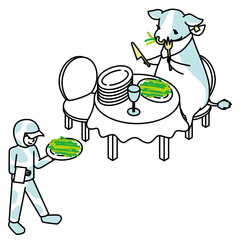草を食べている牛と運ぶスタッフのアイソメイラスト