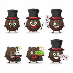 A chocolate gummy candy H Magician cartoon character perform on a stage