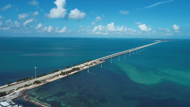 Key West: 7 Mile Bridge Florida Keys United States. Aerial view of bridge and Islands near Key West Florida Keys. Travel highway road. Freeway road. Coastal road.