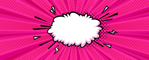 Surprising boom cloud in halftone background for sales and promotions. Banner template for surprises and bursting events. Vector illustration in pop art style - obrazy, fototapety, plakaty