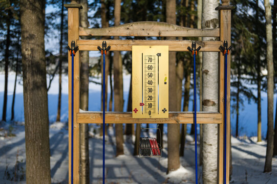 Outdoor Shuffleboard Score Table At A Cottage In Muskoka, Ontario Canada In The Winter Season.