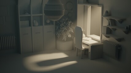 View of the room with light from the window made in low poly. 3d illustration