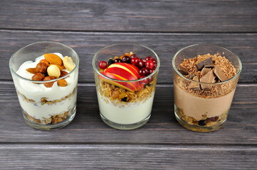 Granola with greek yogurt, cranberry, nuts and apple . Healthy energy breakfast.