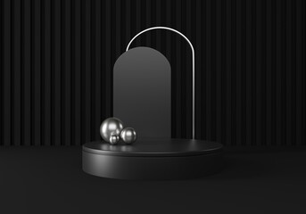 Black podium, pedestal or platform with silver elements. Advertising place scene.  3d Rendering