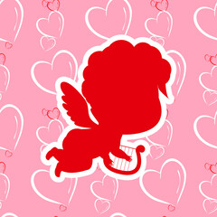 Cupid, Symbol of Love and Valentine's Day, with Harp, Red Sticker. Concept for Label, Card, Poster, Eco Bag and Garment.