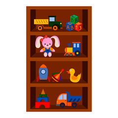 Different toys on a shelf, a cabinet with toys, vector isolated on a white background.