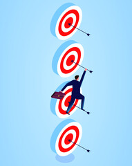Businessman climbs up one by one bullseye along the arrow to complete one goal after another, business concept illustration