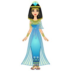 Animation portrait Egyptian  girl in ancient clothes with a papyrus flower on the head. Queen, goddess, princess. Full growth. Vector illustration isolated on a white background.