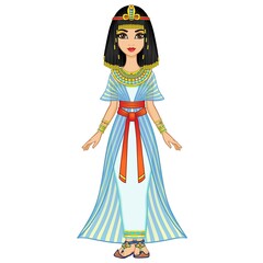 Animation Egyptian princess in ancient clothes and wig, gold jewelry. Queen, goddess, princess. Full growth. Vector illustration isolated on a white background.
