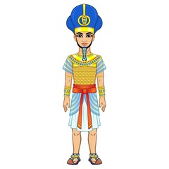 Animation Egyptian Pharaoh in military crown and armor.  Full growth.  Vector illustration isolated on a white background.