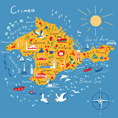 Crimean peninsula vector cartoon map, Republic of Crimea, colorful illustration adventure, decorative travel card, animal and buildings sign attraction for design touristic poster, sea background trip