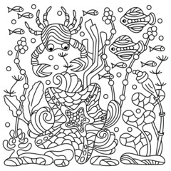 Cartoon doodles Underwater sea world. Coloring book pages for adults. Background with marine animals, algae,