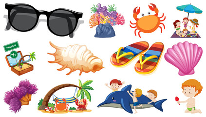 Obraz premium Set of summer beach objects and cartoon characters