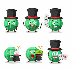 A green gummy candy F Magician cartoon character perform on a stage