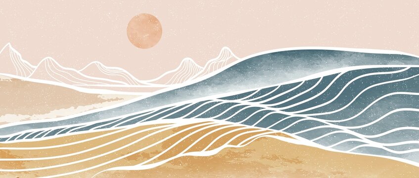 Ocean wave and mountain. Creative minimalist modern paint and line art print. Abstract contemporary aesthetic backgrounds landscapes. with sea, skyline, wave. vector illustrations