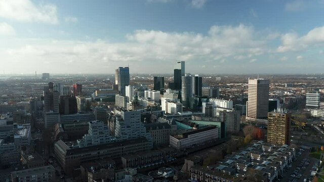 Tall Skyscrapers In Rotterdam City Center In The Netherlands - Aerial shot