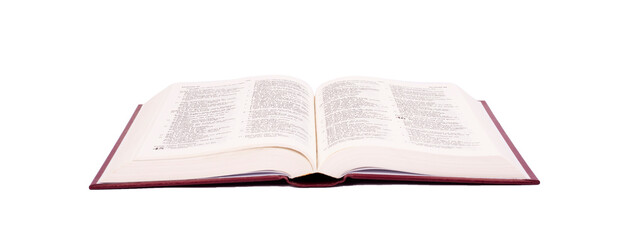 Obraz premium Opened Bible with red cover color isolated on white background.
