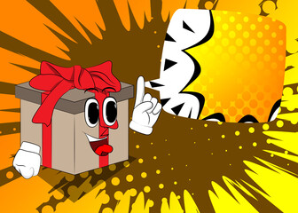Gift Box with making a point as a cartoon character. Holiday, Celebration surprise with happy face emotion.