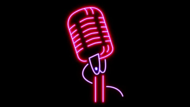Animation pink microphone neon light shape on black background.

