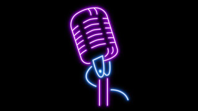 Animation purple microphone neon light shape on black background.

