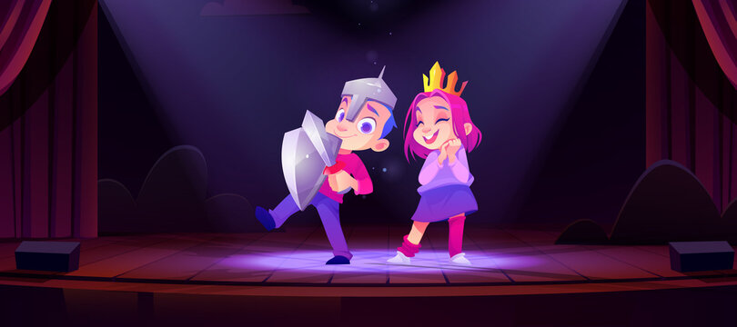 Children in princess and knight costumes play performance on theater stage. Vector cartoon illustration of cute kids actors, girl in gold crown and boy in armor with sword and shield