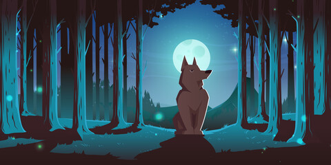 Wolf sitting in forest at night. Vector cartoon illustration of summer landscape with coniferous woods, pine trees, mountains on horizon, wild animal and full moon in sky © klyaksun