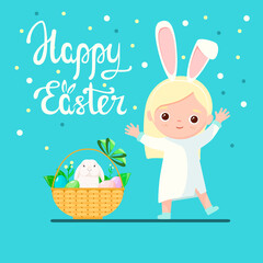 Happy Easter. A greeting card with a cute girl in a rabbit costume. Cartoon design.
