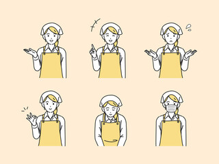 スーパーの店員　従業員　アルバイト　エプロン姿の女性　ポーズ　バリエーション　セット