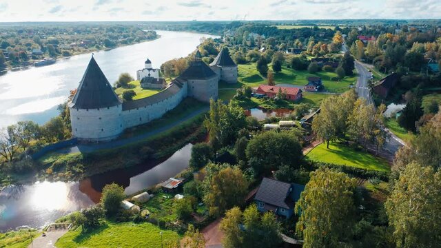 Old Russian fortress. Ancient fortress on the coast of Volkhov river in the town of Staraya Ladoga (Old Ladoga) in Russia. Aerial view of the ancient fortress.