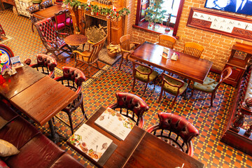 Luxurious interior of traditional English restaurant