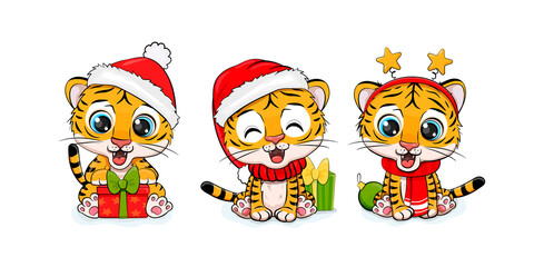 Set of Christmas tiger, Merry Christmas illustration of cute tigers with accessories, hat, scarv and gifts.Collection of chinese tiger.Vector illustration