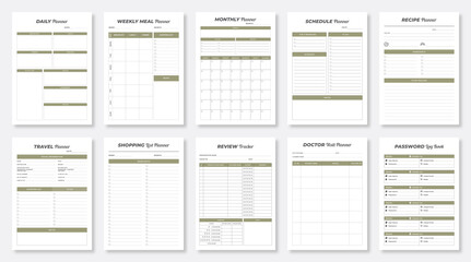 Set of Minimalist Life and Business Planner. Printable Planner Set 2022. Daily, Weekly, Monthly, Schedule, Recipe, Shopping, Review, Doctor, Password and Travel Planner. Personal and Business Planner.