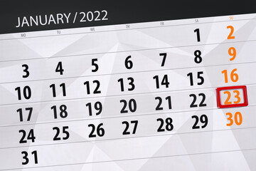 Obraz premium Calendar planner for the month january 2022, deadline day, 23, sunday