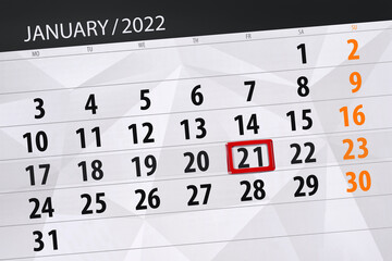 Calendar planner for the month january 2022, deadline day, 21, friday