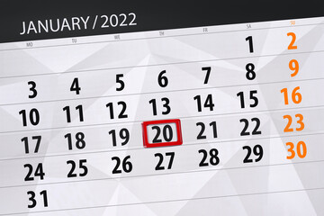 Calendar planner for the month january 2022, deadline day, 20, thursday