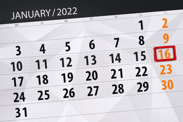 Obraz premium Calendar planner for the month january 2022, deadline day, 16, sunday