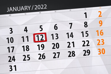 Obraz premium Calendar planner for the month january 2022, deadline day, 12, wednesday