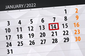 Fototapeta premium Calendar planner for the month january 2022, deadline day, 14, friday