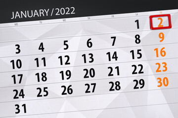 Obraz premium Calendar planner for the month january 2022, deadline day, 2, sunday